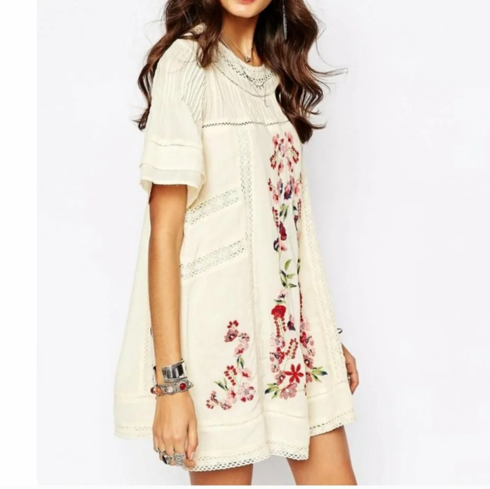 Free People Embroidered Victorian Dress Cream/ Off-white mini dress Cottagecore - Picture 3 of 14